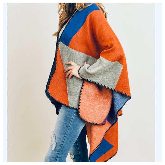 Fall/Winter Oversized Color Block Boho Poncho Shawl - Picture 3 of 5
